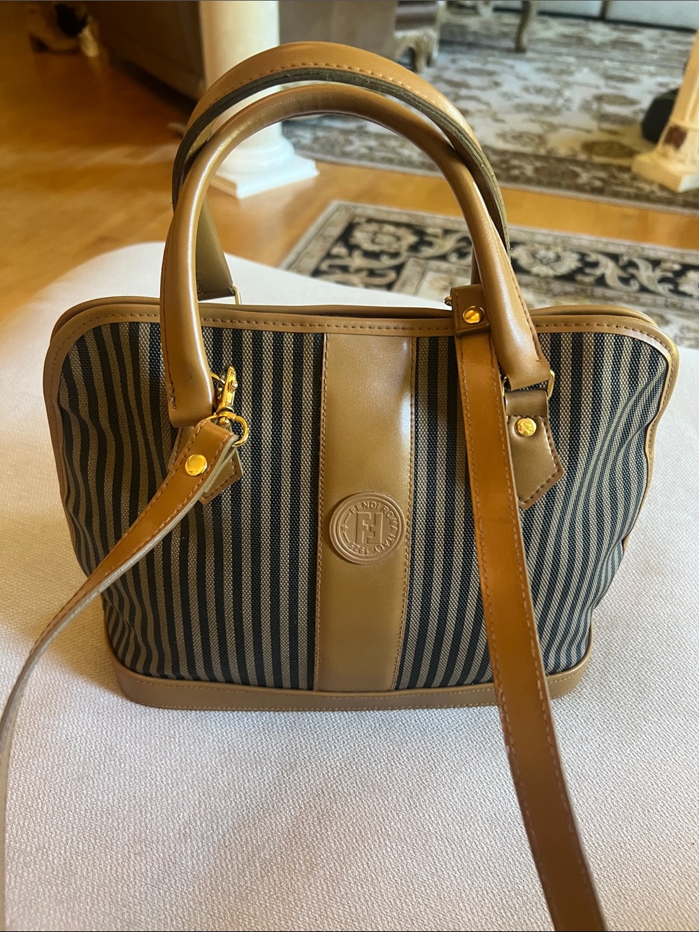 VINTAGE Striped Canvas and Tan Leather Dome Satchel - Women Bags